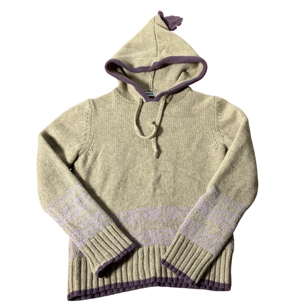 Old Navy Vintage Lambswool Knit Hoodie Women M Tan Purple Tassel Fair Isle